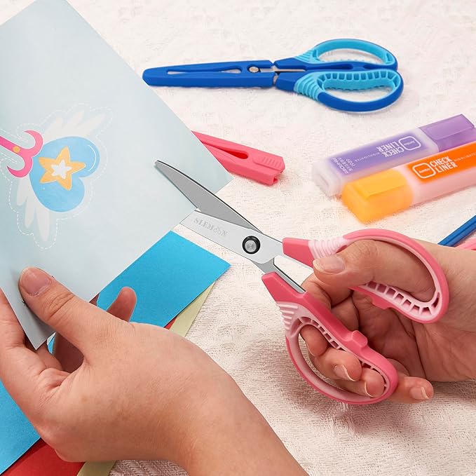 7" Kids Scissors - Pointed Tip Right/Left Scissors with Protective Cover, Soft ABS Grips & Stainless Steel Blades, Ultra Durable for Classroom, Homeschool, Daily Use (3-Pack)
