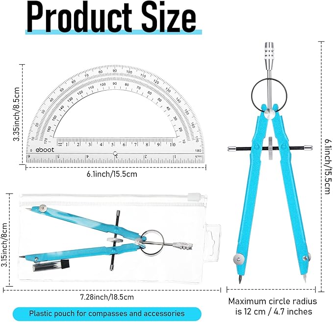 EBOOT Student Geometry Math Set, Metal Drawing Compass and 6 Inch Clear Swing Arm Protractors 180 Degree Math Protractor(Sky Blue)