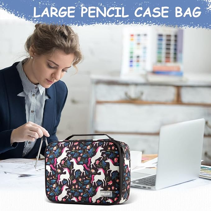 VASCHY Large Pencil Case, Art Color Pencils Pouch with Detachable Layers Multiple Zip Pockets for School Office Stationary Organization Black Unicorn