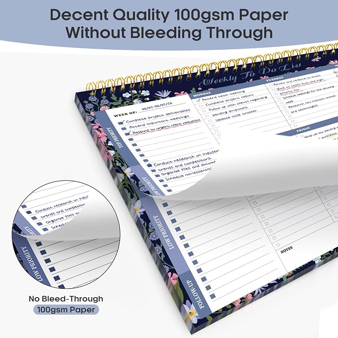 Weekly To Do List Notepad with 52 Undated Sheets（8.5"×11"）- Weekly Desk Planner for Women & Man, Work and Home - Midnight Bloom