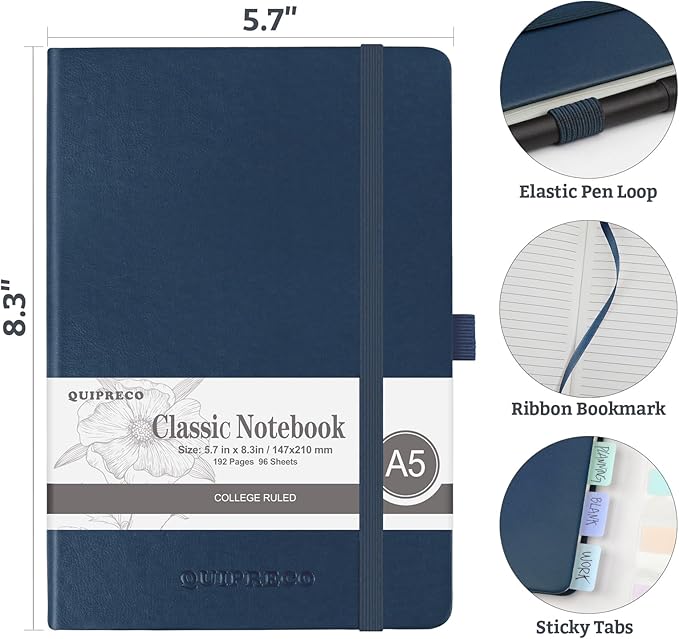 6Pack Lined Hardcover Journal Notebook, A5 192 Pages 100Gsm Thick Paper College Ruled for School,Note Taking,Work,Diary，5.7''*8.3'',Navy