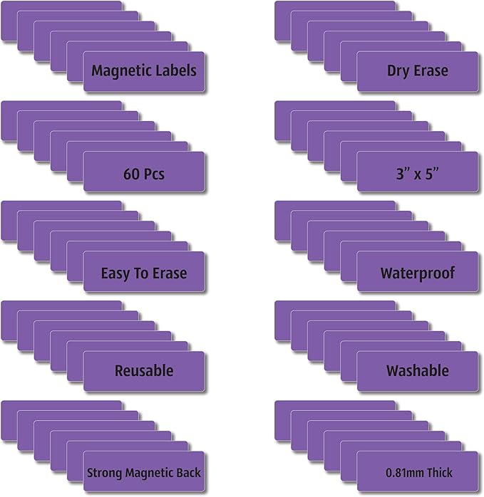 IMAGAME Magnetic Dry Erase Magnets Labels 3x1 inches, Reusable Name Tags, Organizing Schedules in Office/Classroom. Work on Fridge/White Board (Purple 60Pcs)
