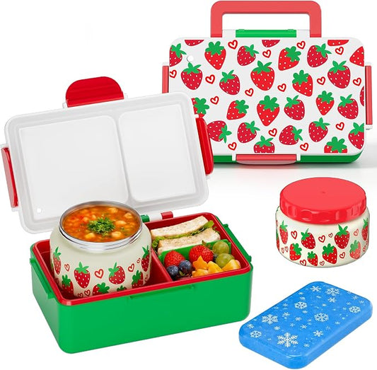 Bento Lunch Box for Kids–3 Compartment Leak Proof Insulated Lunch Container | Strawberry Design Lunch Box-With 12oz Stainless Steel Food Soup Jar & Built-in Ice Pack Bento Box for Boy Girls School Travel