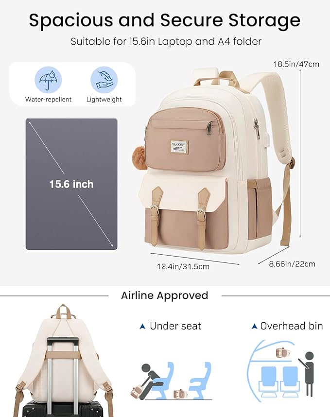17.3in School Backpack for Teen Girls, Cute Laptop Bookbag for Women College Students Aesthetic Schoolbag Middle High School Travel Mochilas Niñas, Khaki Beige