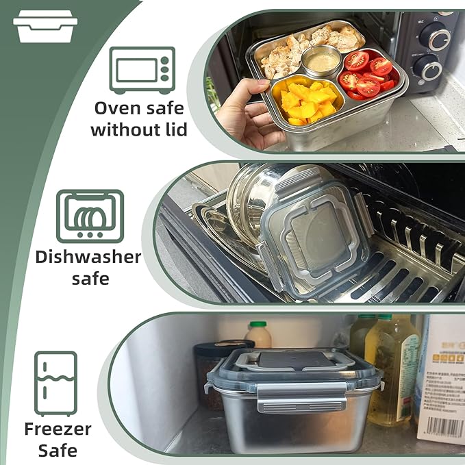 Salad Container for Lunch Stainless Steeel Salad Container 60-oz Salad Bowl with Lid 4-Compartment Bento-Style Tray, 1.5-oz Salad Dressing Container,Dishwasher, Microwave, and Oven Safe (Gray Lid)