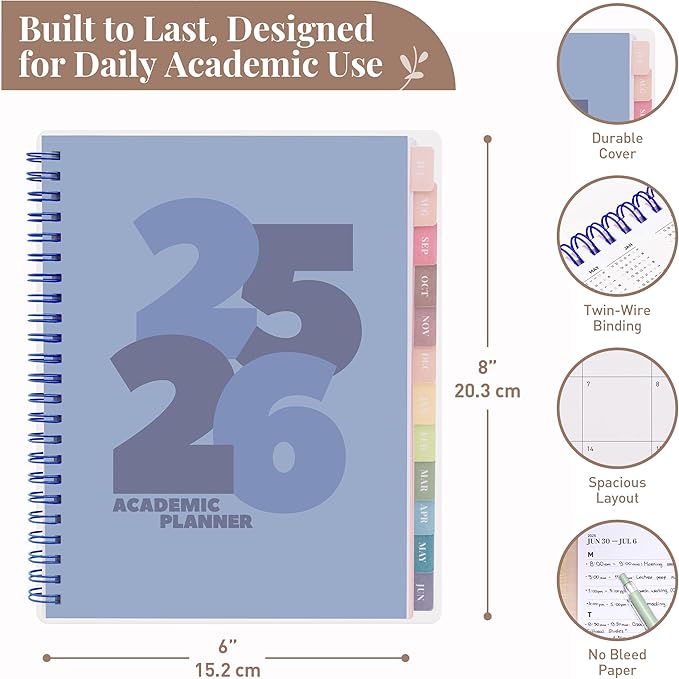 Rileys Academic Planner 2025-2026, Daily, Weekly & Monthly Planner, July 2025 - June 2026, Student Notes Pages, Twin-Wire Binding, Weekly Agenda for School & Work (8 x 6-Inches, Blue, Chunky)