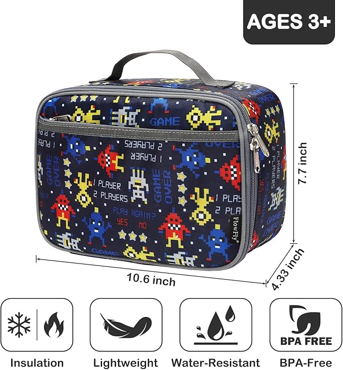 FlowFly Kids Lunch box Insulated Soft Bag Mini Cooler Back to School Thermal Meal Tote Kit for Girls, Boys, Robot
