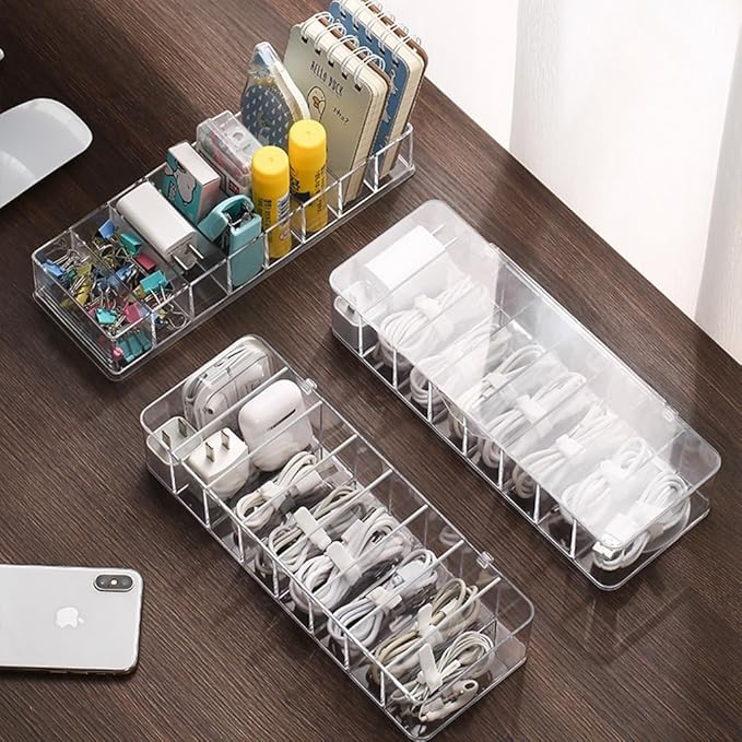 4Pcs cord organizer box with Lid, 10.2 x 3.5 x 2.2in, Desktop Cord Organizer with Compartments (4)