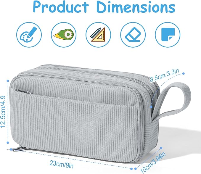 BuyCard Grey Corduroy Pencil Case, Large Capacity Zipper Pouch, Gray, Casual Style, Supplies Organizer for Teen Girls and Boys