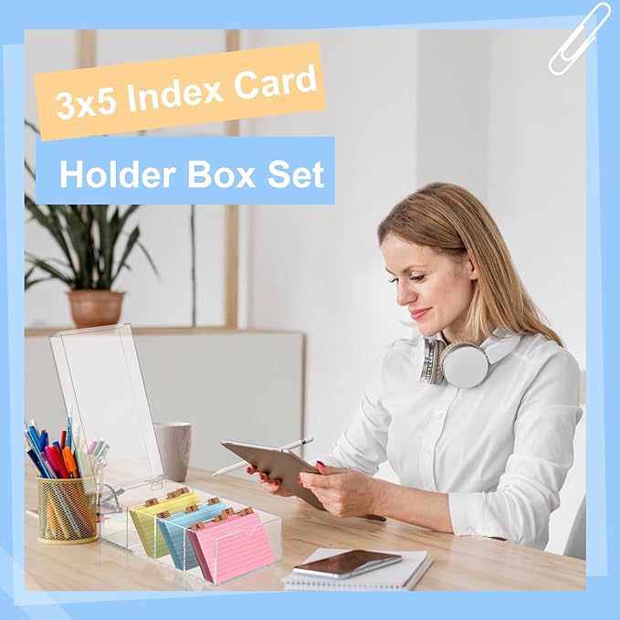 3 x 5 Inch Acrylic Index Card Holder Clear Index Card Box Note Card Organizer with 150 Ruled Lined Index Cards 30 Kraft Dividers A-Z Stickers 4 Divider for Holds 600 Cards Tabs Note Recipe Cards