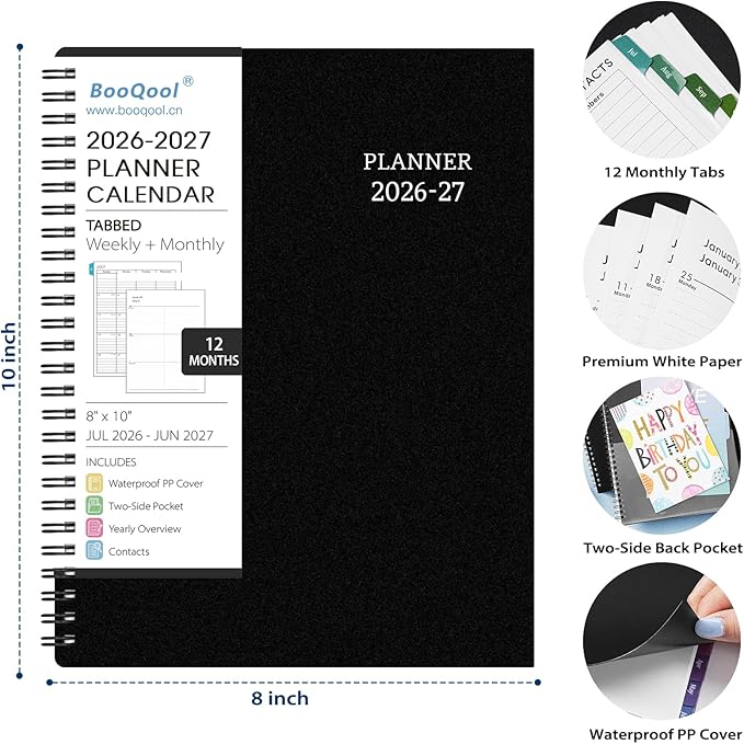 BooQool Planner 2026-2027 for Office, School, Home - Spiral Bound Academic Monthly Weekly Calendar July 2026 - June 2027 Organizer with To Do List, Tabs & PP Cover 8" x 10"