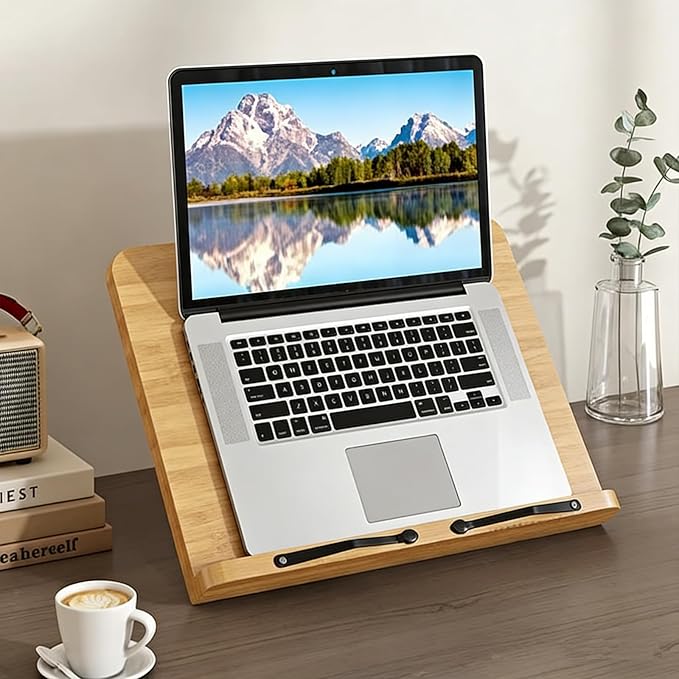 Bamboo Adjustable Book Stand, Large Wood Book Holder for Reading, Cookbook Stand for Kitchen Home Office, Sturdy Book Holder with Easy Installation