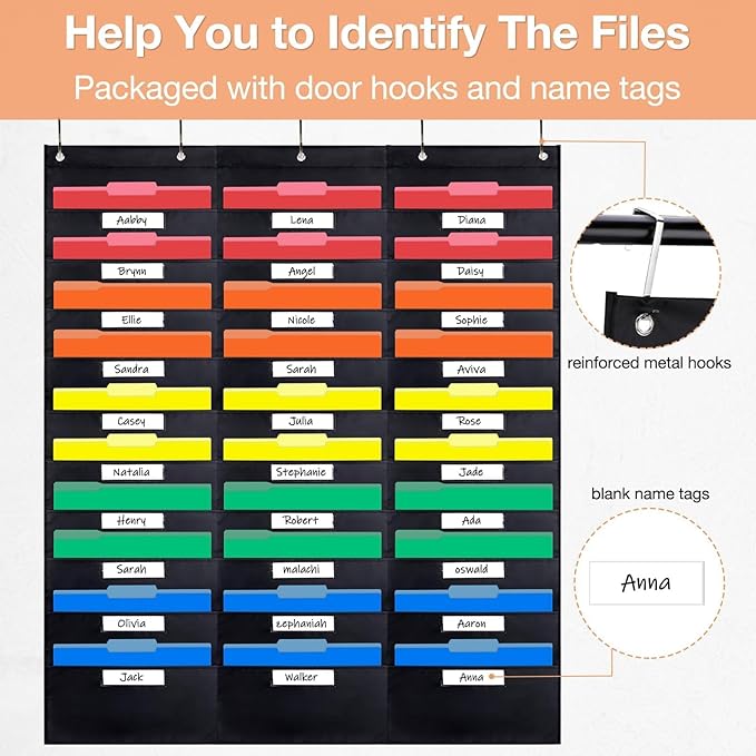 Opret 30 Pockets Storage Pocket Chart with 30 Nametag Pockets, Hanging Wall File Organizer for File Folders with 5 Hangers for Classroom, Office, School Mailbox Organizer and Home (Black)