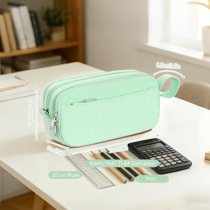 Corduroy Pencil Case, Large Capacity Pencil Pouch with 4 Compartments, Cute Soft Aesthetic Stationery Pen Bag Organizer with Zipper, Portable School Supplies for Teen and Adult Girls, Mint Green