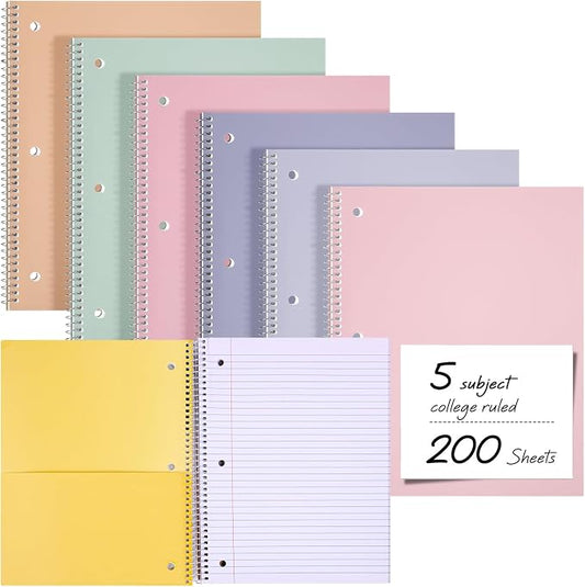 Qilery 6 Pack 5 Subject Notebook College Ruled with Hardcover 200 Sheets Thick Pages 8 x 10.5 Inch Spiral Journal Thick Notebook 3 Hole Assorted Colors Easy Tear Line Office(Pastel Colors)