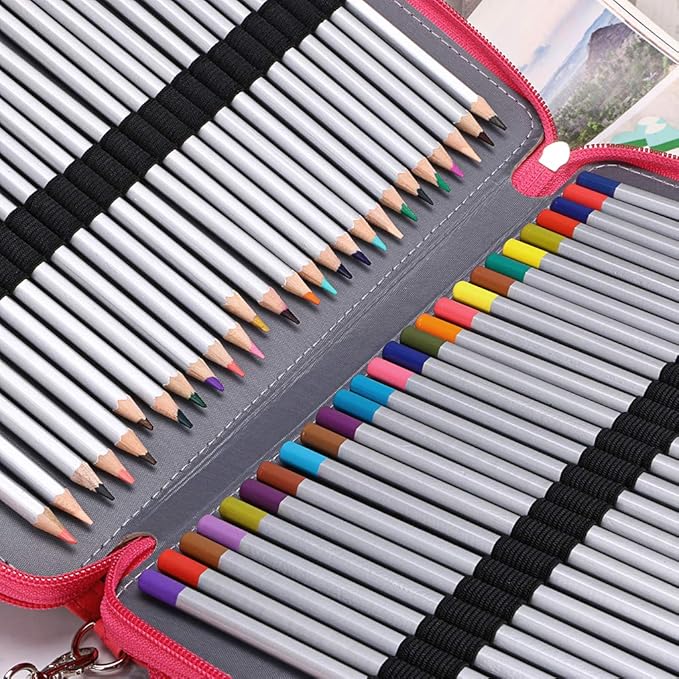 BTSKY 200 Slots Colored Pencil Organizer - Deluxe PU Leather Pencil Case Holder With Removal Handle Strap Pencil Box Large for Colored Pencils Watercolor Pencils (Pink)
