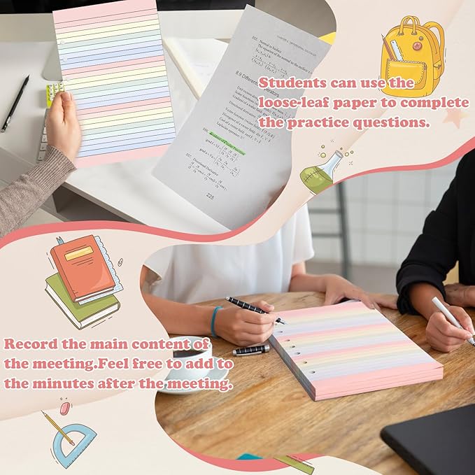 400 Sheets Colored Loose Leaf Paper 5.5" x 8.5" 7 Hole Lined Filler Paper College Ruled Notebook Refill Pad Pastel Colored Lined Refills Hole Punched Notebook Refills for 3 or 7 Ring Binders