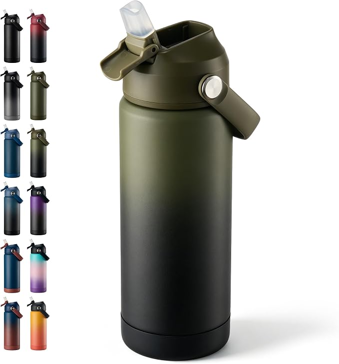 Fijinhom 18 oz Insulated Water Bottle with Straw Lid, Stainless Steel Water Bottles, Double Wall Vacuum, Portable Handle & Non-slip Bottom, BPA Free Leak Proof Metal Bottles, Cold 24H, Green/Black