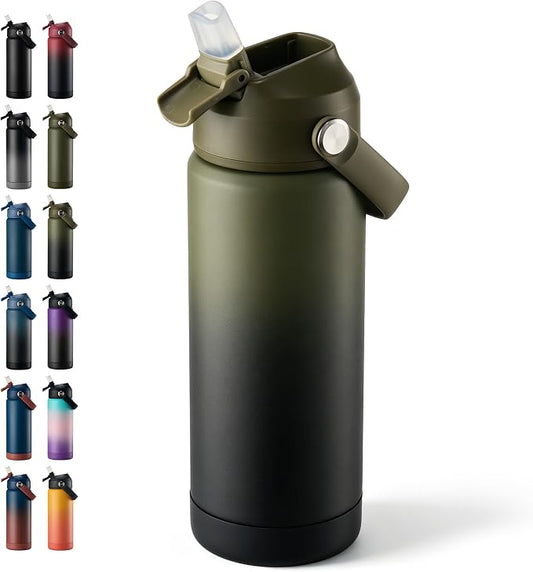 Fijinhom 18 oz Insulated Water Bottle with Straw Lid, Stainless Steel Water Bottles, Double Wall Vacuum, Portable Handle & Non-slip Bottom, BPA Free Leak Proof Metal Bottles, Cold 24H, Green/Black