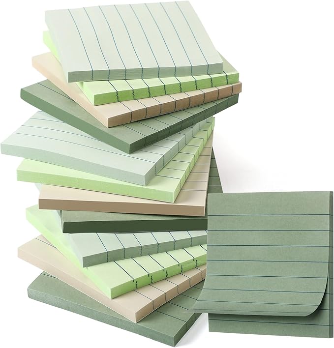 AmazingSpark 12 Pack Sage Green Lined Sticky Notes 3x3 inch Post Ruled Stickies Super Self Stick Power Memo Pads Multi Colors Notes Pads Vintage Aesthetic School Office Supplies Accessories