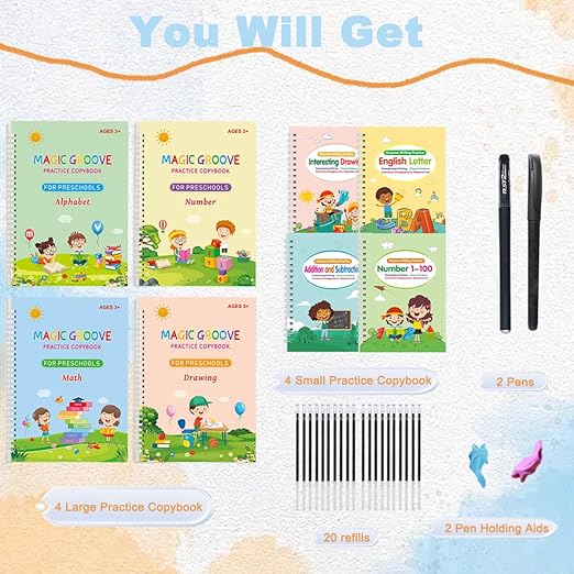 Magic Grooved Handwriting Book Practice,Practice Copybook,Handwriting Practice Copybook,Reusable Practice Book for Preschool Age 3-8 Back to School Supplies (4 Large and 4 Small Books with Pens)