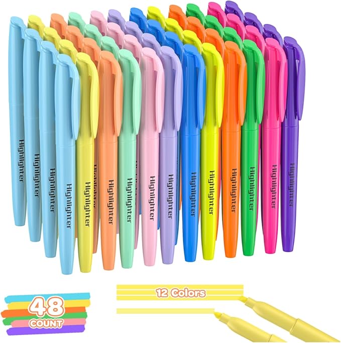 48 Count Highlighters Bulk - 12 Assorted Fashion Colors, Chisel Tip, No Bleed & Quick Dry, Ideal for Note Taking, Studying, School, Office, Student & Teacher Supplies