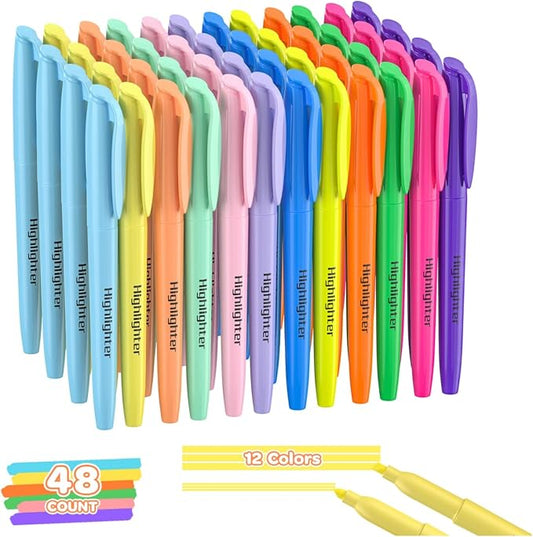48 Count Highlighters Bulk - 12 Assorted Fashion Colors, Chisel Tip, No Bleed & Quick Dry, Ideal for Note Taking, Studying, School, Office, Student & Teacher Supplies