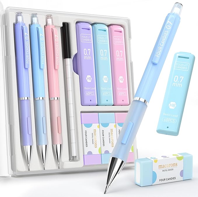 Four Candies 3PCS Cute Mechanical Pencils Set, 0.7mm with 360PCS Lead Refills, Pastel Erasers & Case, Clean Girl Aesthetic School Stuff for Teen Girls Everyday Writing and Schoolwork