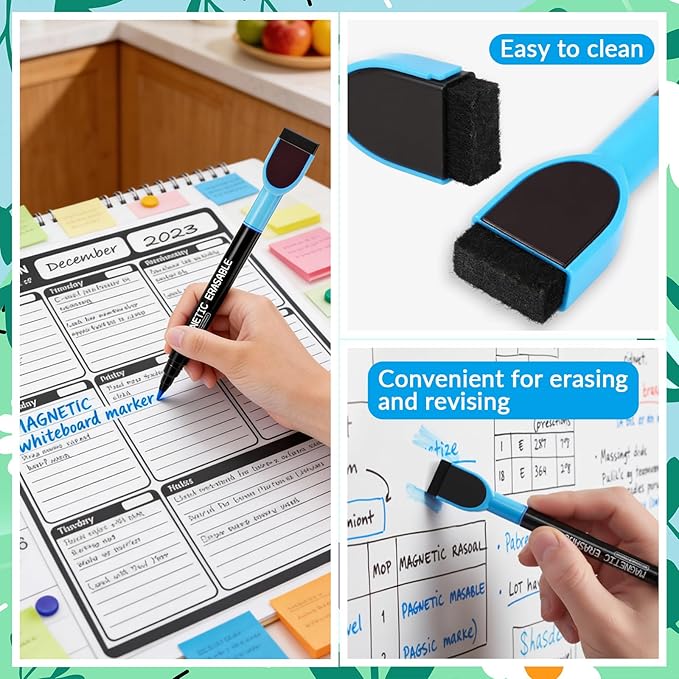 12 Pcs Magnetic Dry Erase Markers, Colorful Fine Tip Whiteboard Markers with Erasers, Thin Low Odor Dry Erase Marker Set for White Board Fridge Calendar Office Home