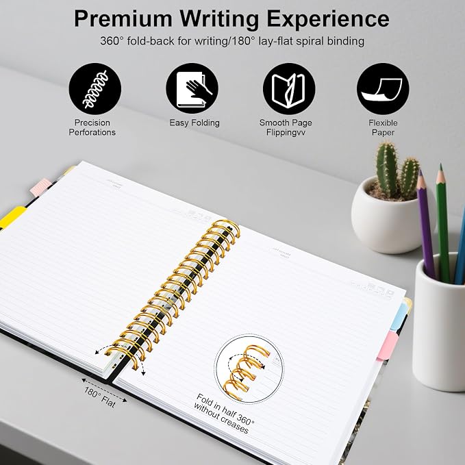 Spiral Journal Notebooks for Work, 300 Pages 5 Subject Notebook College Ruled with Dividers & Tabs, A5 Notebook Journal for Women Students Note-Taking and Organizer (Midnight Marble)