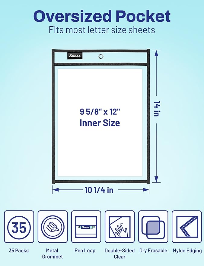 SUNEE 30 Packs Oversized Reusable Dry Erase Pocket Sleeves with 2 Rings, Black 10x14 Ticket Holders, Clear Plastic Sheet Protectors, Teacher School Classroom Supplies