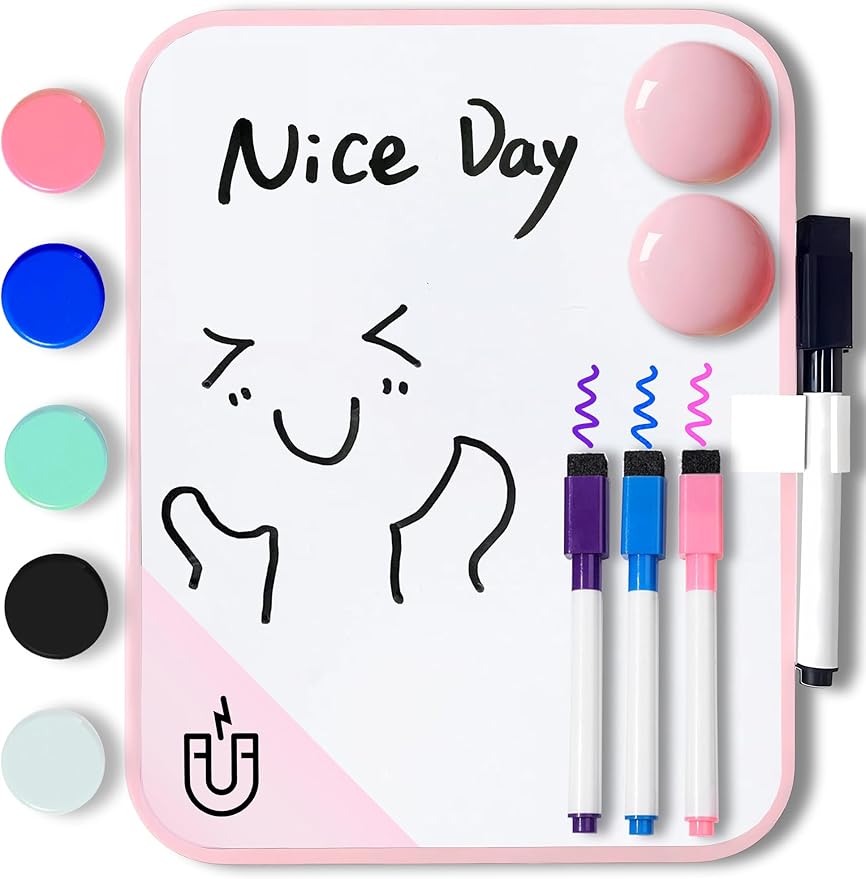 Magnetic Small Dry Erase Board for School Locker, 6" x 8" Small Whiteboard with 4 Marker and 7 Magnets - Mini Drawing Teaching Whiteboard for Classroom, Home, Office, Travel(Pink)