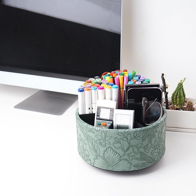 Remote Control Holder, 360°Spinning PU Leather Desk TV Remote Caddy,Desk Storage Box Room Accessories for Controller, Media,Mail,Calculator, Mobile Phone,Pencil(1-Carved Green2)