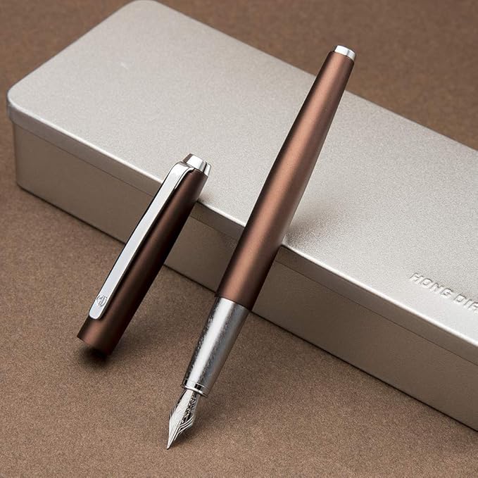 HongDian 525 Brown Metal Fountain Pen Bent Nib, Calligraphy Fude Pen 0.6mm with Converter and Metal Box Set