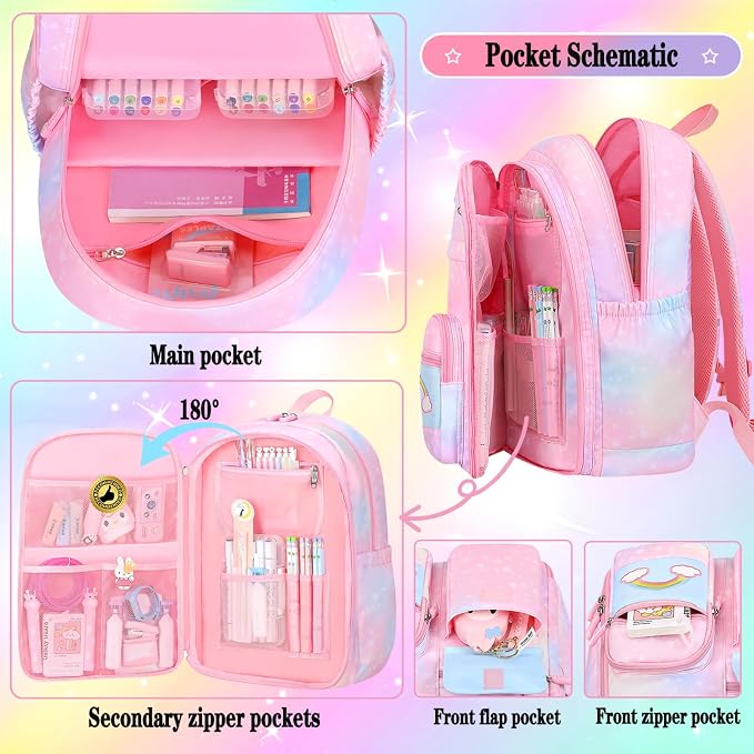 Jcobvig Rainbow Backpack For Girls Kids,Cute Student School Backpack With Pen Bag,Aesthetic Starry Rainbow Laptop Travel Bag