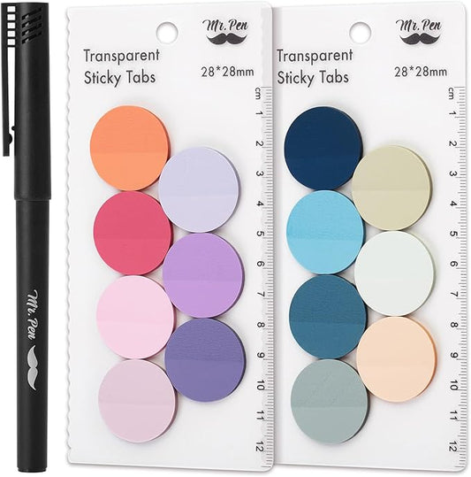 Mr. Pen- Round Transparent Sticky Notes, 1.1” Diameter, 14 Pads, 560 Sheets, Colorful, Water-Resistant See-Through Sticky Notes & Fineliner, Smooth Writing, Note Tabs for Bible Journaling, Studying