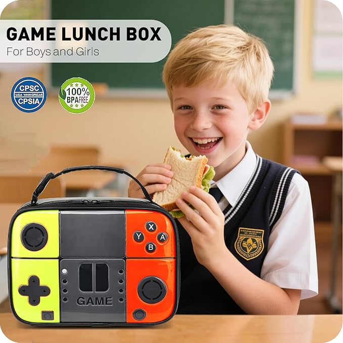 Kids Lunch Box for Boys,Game Console Insulated Lunch Bag for Kids,Leather Lunchbox for Boys,Waterproof Leakproof Portable Fits Most Bento Boxes