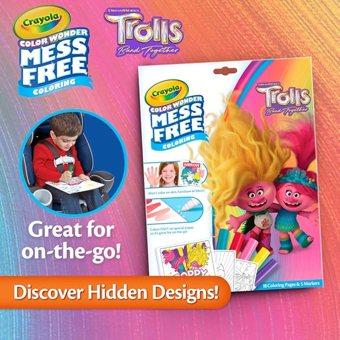 Crayola Trolls 3 Color Wonder Activity Set, Trolls Mess Free Coloring Pages for Toddlers, Travel Activity, Troll Toys, Toddler Gifts