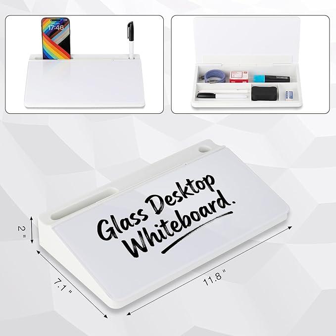 11.8×7” Small Glass Desktop Whiteboard, Dry Erase Note Memo Board, Desk Organizer with Storage for Desk, Office, White