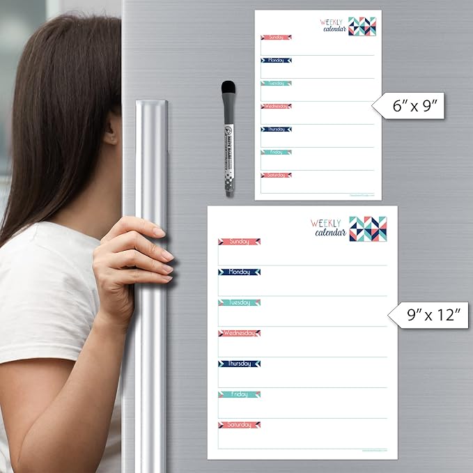 Dry Erase Weekly Calendar Planner Sticker Decal | Removable & Reusable | Magnetic Fine-Tip Marker Included (6 x 9 inches, Geometric)