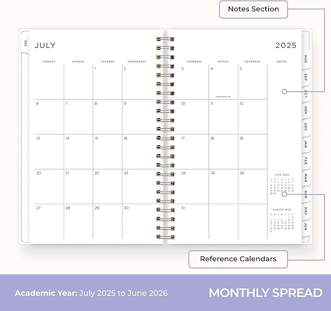 Blue Sky Ashley G 2025-2026 Weekly and Monthly Academic Year Planner Calendar, July 2025 - June 2026, 5" x 8", Flexible Cover, Wirebound, Laminated Tabs, Multi Color Smoke