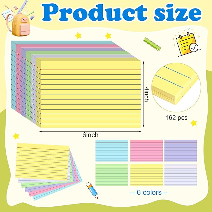 Colored Index Cards 4x6 Inch Flash Cards Heavyweight Lined Flashcards Note Cards for Studying School College Supplies, 162 Count