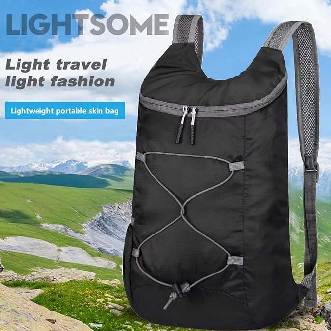 levayhill 16L Lightweight Foldable Hiking-Backpack Small Packable-Daypack For Travel,Ultralight Water-Resistant Gym Bag Men Women Easy Carry-on (Black&Gray)