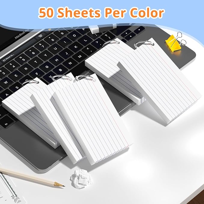 Index Cards 3x5 Inches, 250 PCS, White Flash Cards With Ring, Punched Lined Study Card Ruled Flashcards Notecards, Ruled Front And Blank Back, Note Card for School, College And Home