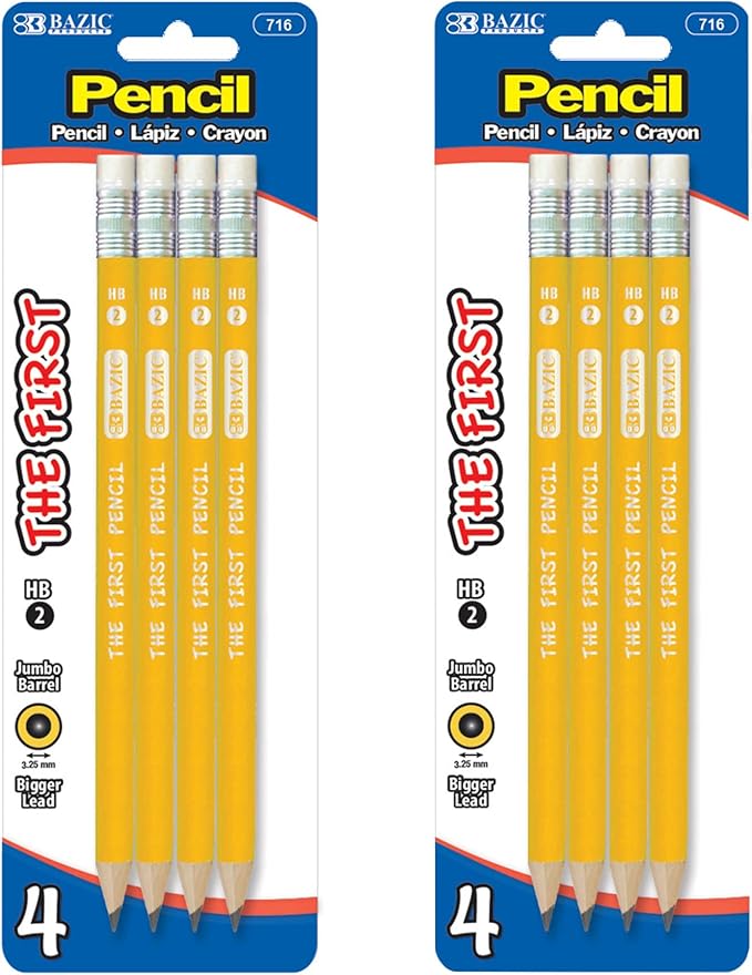 BAZIC PRODUCTS Jumbo Pencils for Kids, 4 Count, HB #2, 3.25 mm Lead, 2-Pack