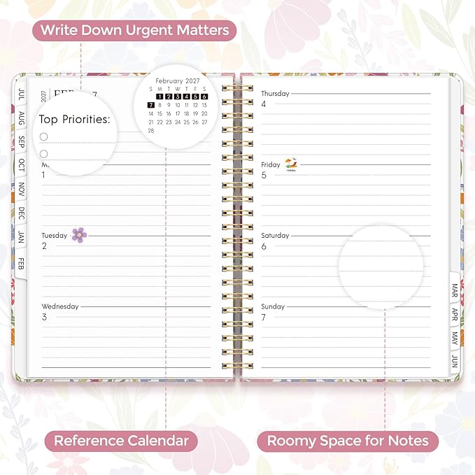 KONVINIT Academic Planner 2026-2027, 12 Months 2026-2027 Monthly Planner - July. 2026 to June. 2027, Daily Planner 2026 with Tabs for Student & Teacher, A5 (6.1" x 8.5") Week Planner for Home, Office, School Supplies, Tiny Floral Print