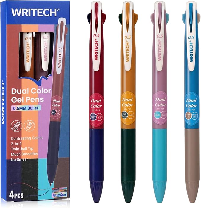 WRITECH Retractable Gel Ink Pens: Multi Colored 0.5mm Fine Point 2 in 1 Colorful Click Pen Assorted Color 4ct No Smear & Bleed for Smooth Writing Journaling Drawing Notetaking