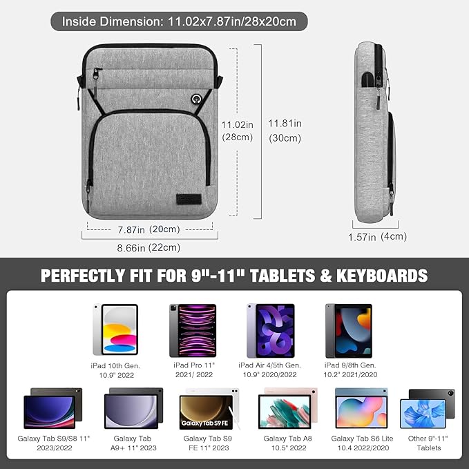 MoKo 9-11 Inch 360° Protective Tablet Sleeve Bag with Earphone Hole & Multi-Pockets, Fits New 11-inch iPad Air M4 2026 & iPadPro 11 M5,iPad A16,iPad10/5/4. 10.9,iPad9/8. 10.2,Tab S8/S9 11, Light Gray