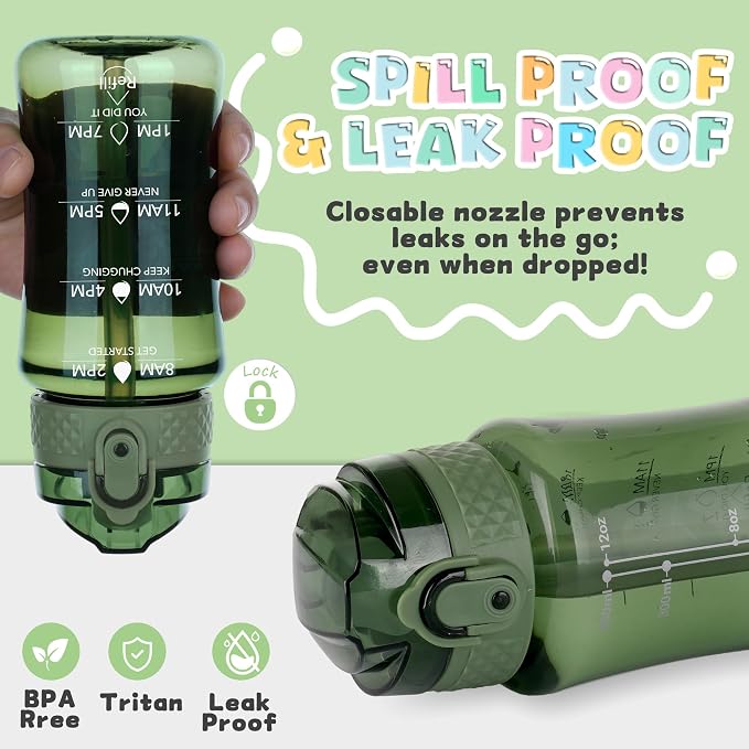 OLDLEY 12oz Kids Water Bottle, Tritan BPA-Free, Leakproof Flip Straw Lid, Motivational Time Marker, Carry Strap, Reusable Clear Water Bottle for Boys & Girls,Jade