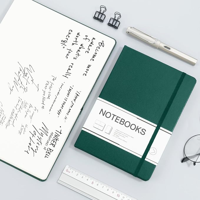 M&G Blank Journal Notebook, 160 Pages, A5 Medium Size 5.6" x 8" for Men Women, 100GSM Thick College Ruled Paper for Journaling, Writing, Sketching, Leather Hardcover, Green